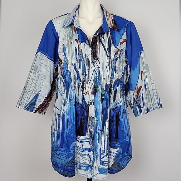 Orientique Naturally Australian Tops - Orientique Naturally Australian 100% Cotton Button Up Tunic Blue White Sz L